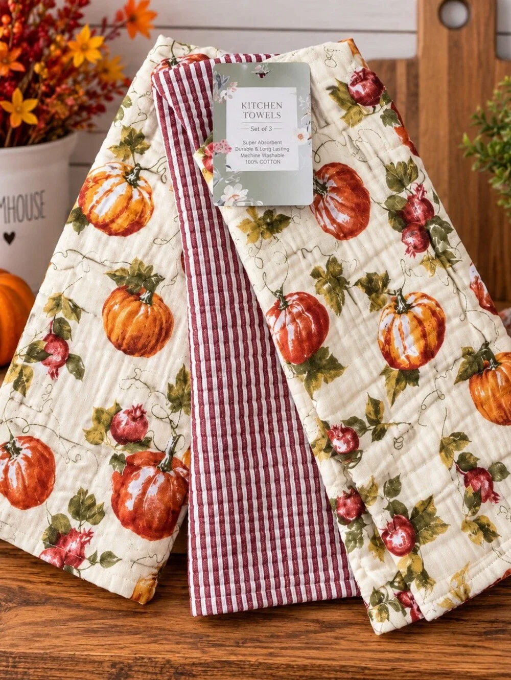 Harvest Pumpkin Cotton Kitchen Towels - Set of 3